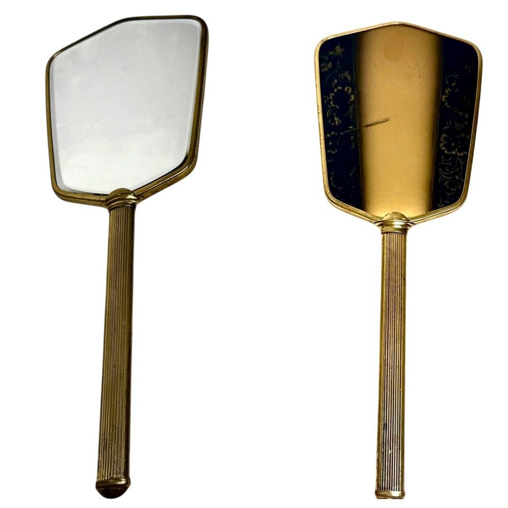 Vintage Gold Tone Art Deco Vanity Hand Mirror Ornate Floral Design Boudoir Retro
